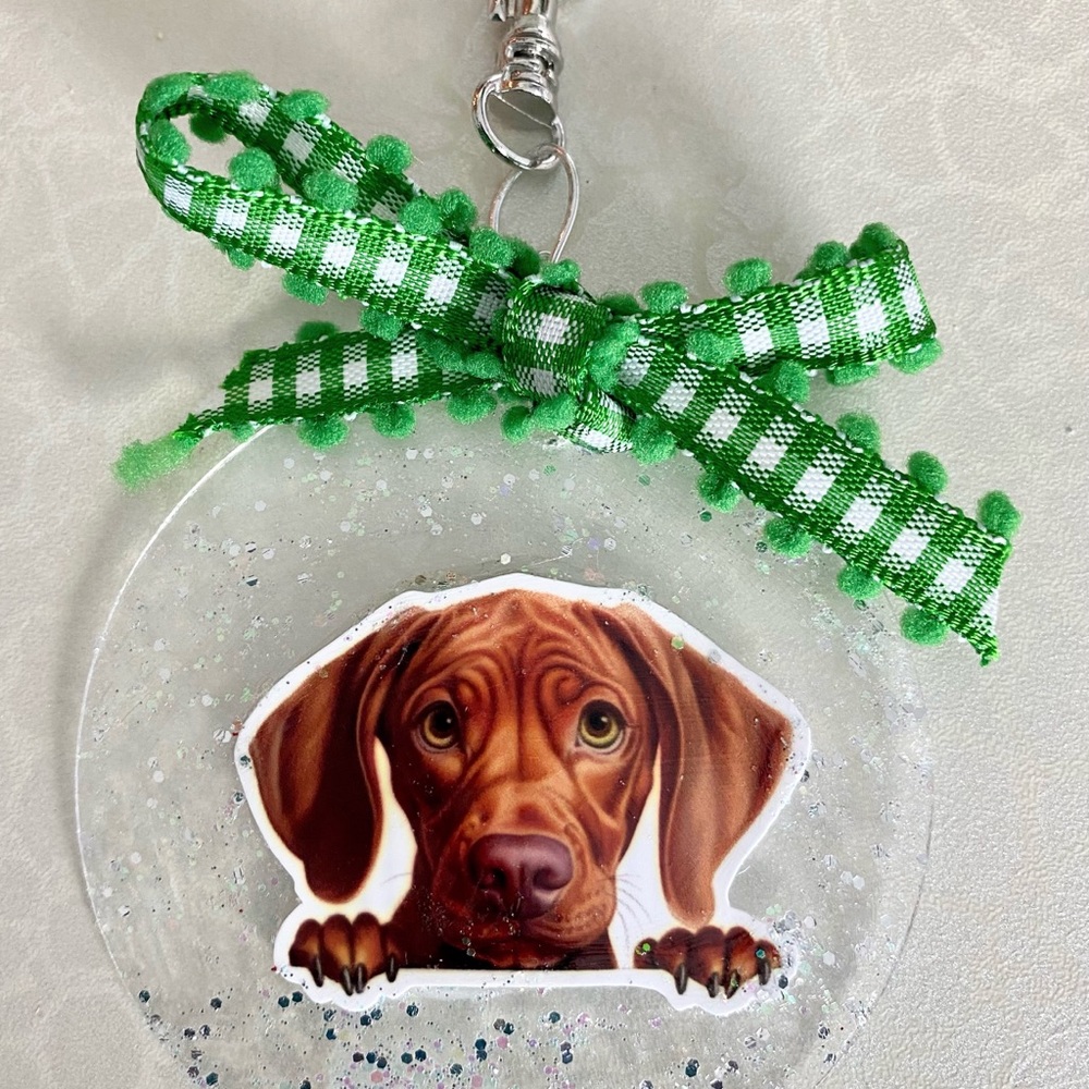 Vizsla Dog Ornament with Green Bow